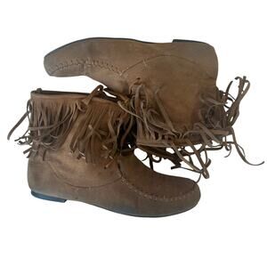Brown Western Ankle Bootie SIZE 9 Boho Cowgirl Suede Leather Fringe Moccasins